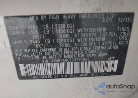 2016 Subaru Outback 2.5I Limited from USA, damaged, VIN 4S4BSANC2G3273943